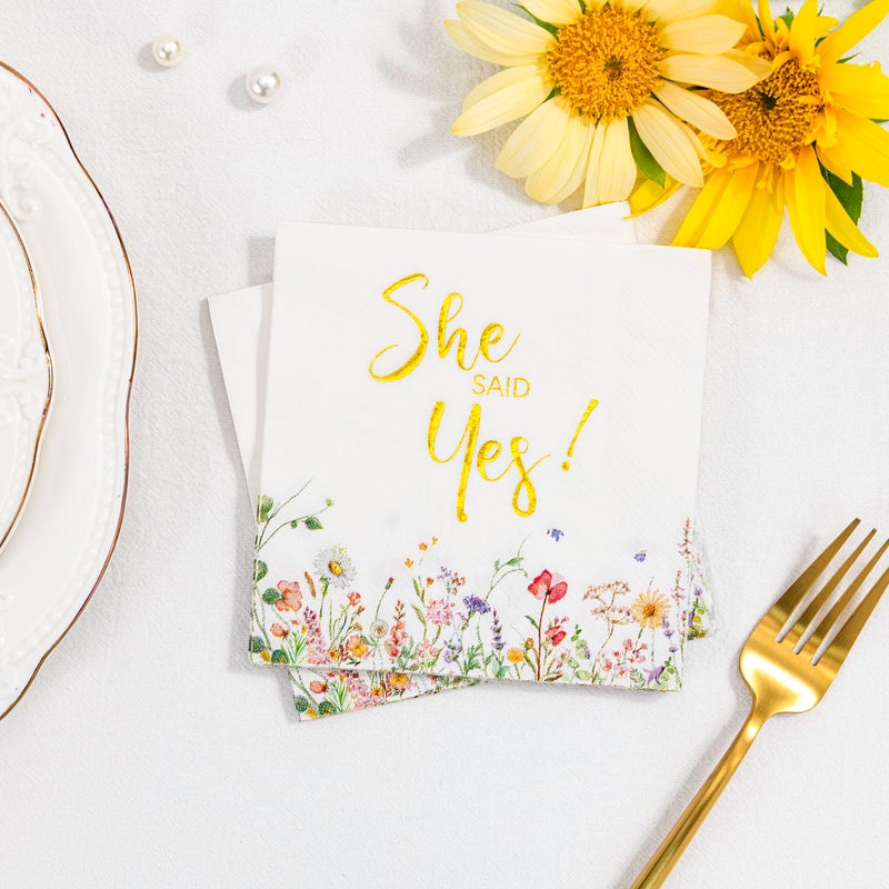 Crisky Engagement Napkins 3-Ply Floral Gold Foil She Said Yes Paper Disposable Napkins for Bachelorette/Engagement/Bridal Shower Party Decoration  50 Counts - Image 3