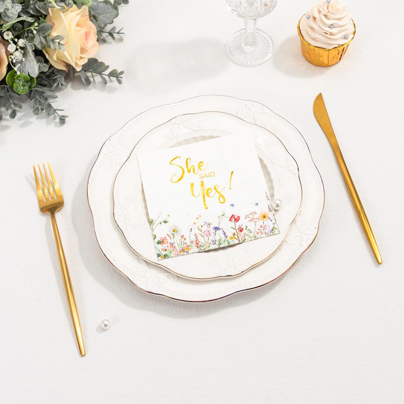 Crisky Engagement Napkins 3-Ply Floral Gold Foil She Said Yes Paper Disposable Napkins for Bachelorette/Engagement/Bridal Shower Party Decoration  50 Counts - Image 4