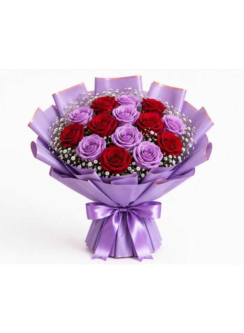 Fresh Flower Bouquet with 14 Premium Red & Purple Roses and White Baby's Breath, Lavender Purple Wrapping