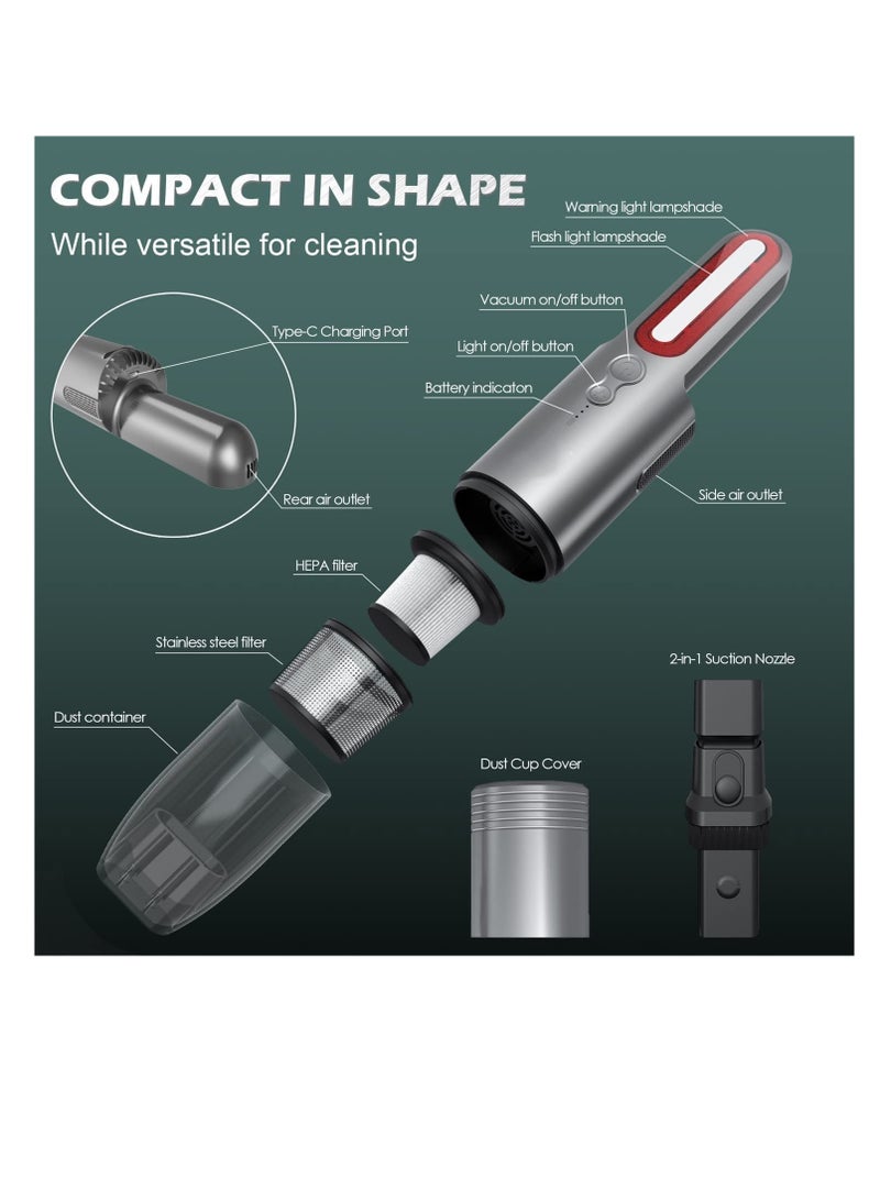 مكنسة كهربائية محمولة بدون سلك، مكنسة سيارة قوية الشفط قابلة لإعادة الشحن، مكنسة صغيرة يدوية مع مصباح LED، مكنسة يدوية للسيارة، المنزل وشعر الحيوانات الأليفة - USB C - Image 5