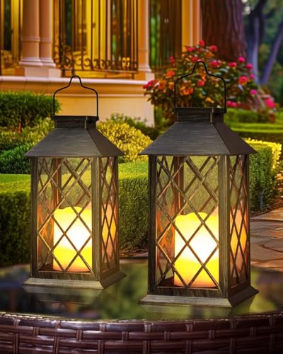 Otdair Solar Lanterns Outdoor Waterproof, 2 Pack 14" Solar Lantern with Glass Retro LED Flickering Flameless Candle,Lanterns Decorative Outdoor for Gift, Yard, Garden, Patio, Balcony,Porch, Party - Image 1
