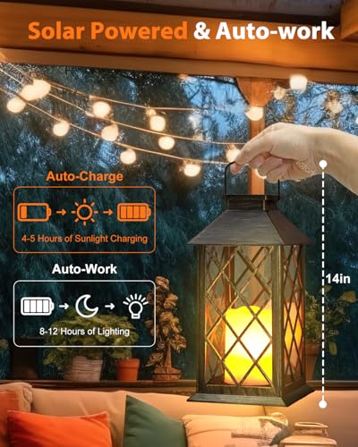 Otdair Solar Lanterns Outdoor Waterproof, 2 Pack 14" Solar Lantern with Glass Retro LED Flickering Flameless Candle,Lanterns Decorative Outdoor for Gift, Yard, Garden, Patio, Balcony,Porch, Party - Image 2