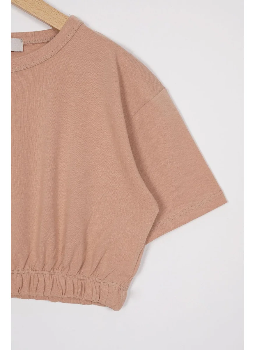 Zepkids Crew Neck Short Sleeve Elastic Waist Beige Color Girl T-shirt