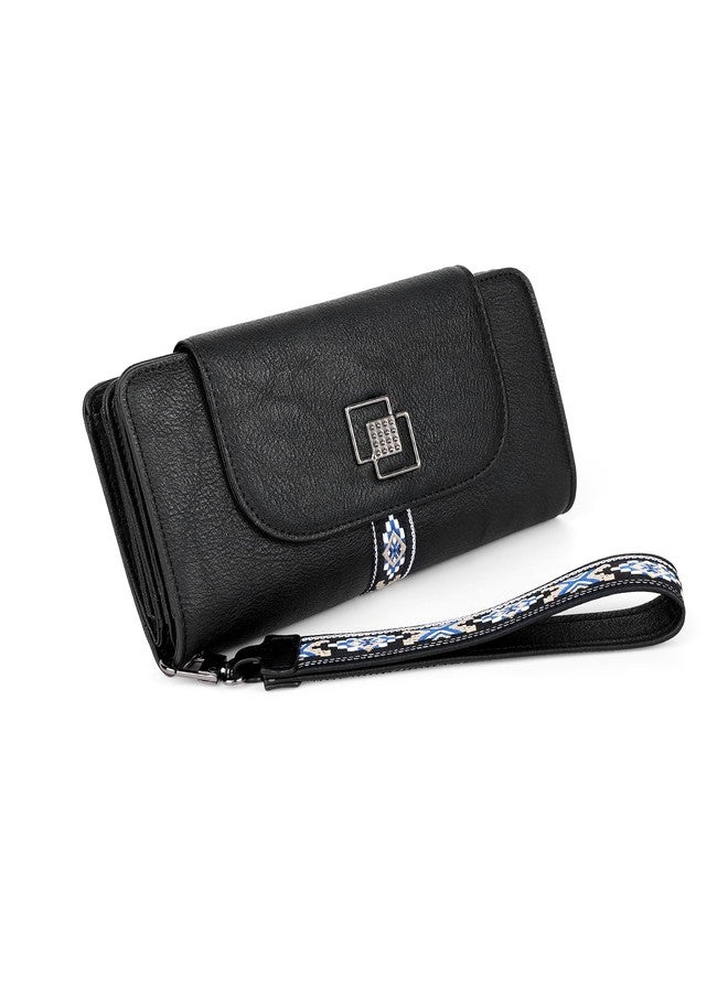 FADEON Leather Wallets for Women, Large RFID Blocking Trifold Wristlet Purse with Credit Card Holder Organizer, Black Retro Style, 4.13 * 2.13 * 7.87 = 70.17 cubic inches, Vintage - Image 1
