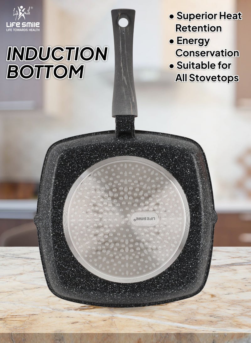 Life Smile 24cm Granite Non-Stick Square Grill Pan with Glass Lid (1.5L) | Detachable Handle | Induction Compatible | PFOA-Free | Multi-Layer Granite Coating | Beige - Image 2