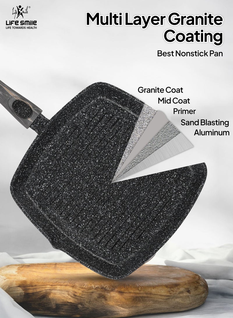 Life Smile 24cm Granite Non-Stick Square Grill Pan with Glass Lid (1.5L) | Detachable Handle | Induction Compatible | PFOA-Free | Multi-Layer Granite Coating | Beige - Image 4