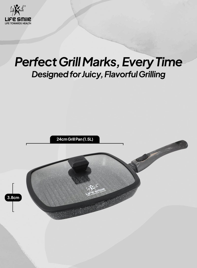 Life Smile 24cm Granite Non-Stick Square Grill Pan with Glass Lid (1.5L) | Detachable Handle | Induction Compatible | PFOA-Free | Multi-Layer Granite Coating | Beige - Image 3