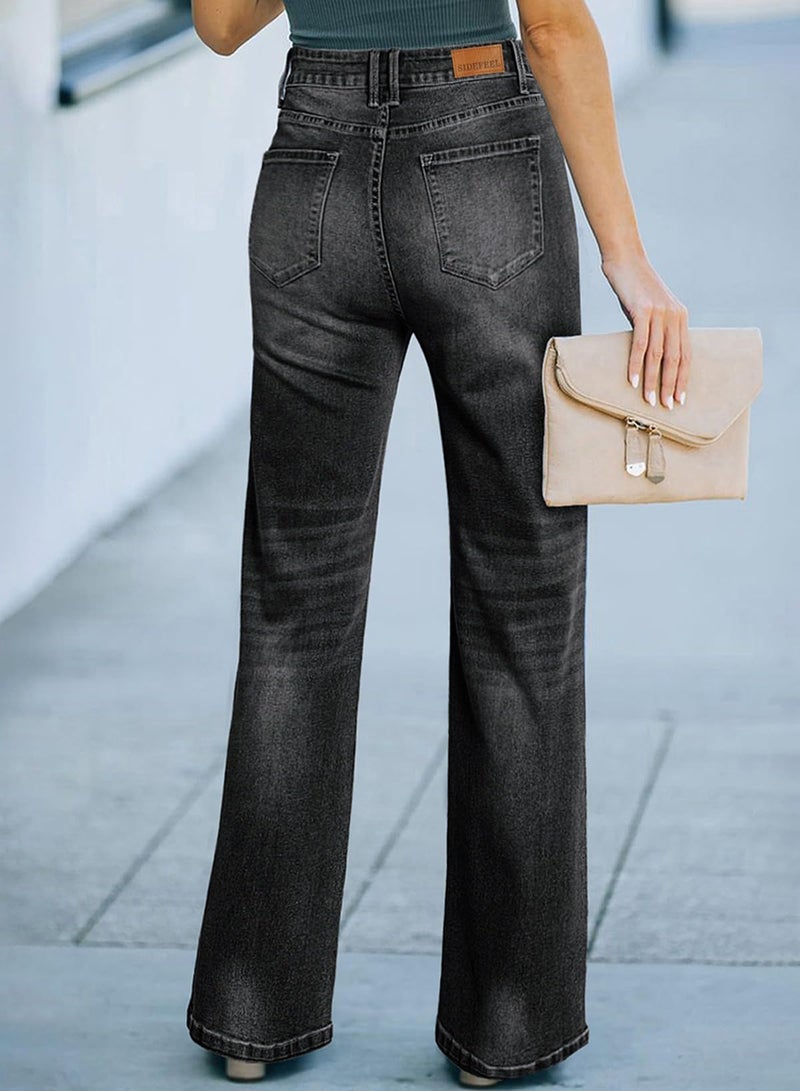Sidefeel Women's Wide Leg Jeans Casual High Waisted Straight Zimbaplatinum Denim Pants Black Size 14 - Image 2