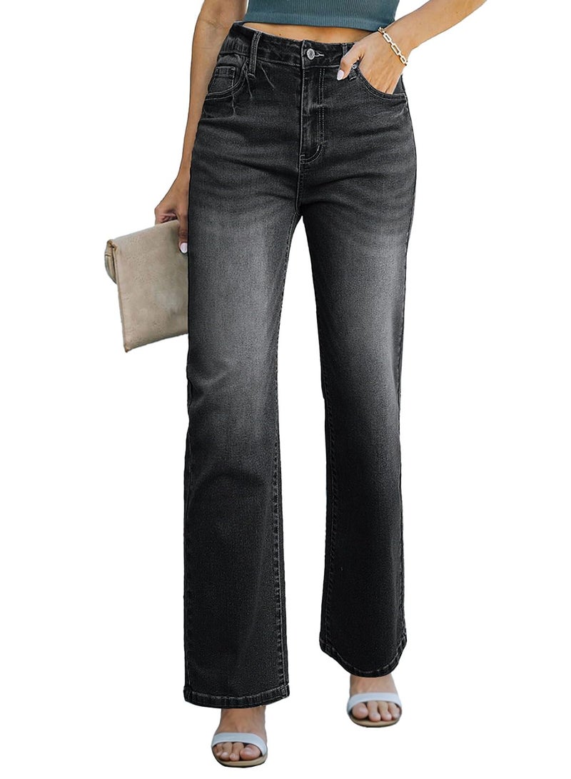Sidefeel Women's Wide Leg Jeans Casual High Waisted Straight Zimbaplatinum Denim Pants Black Size 14 - Image 1