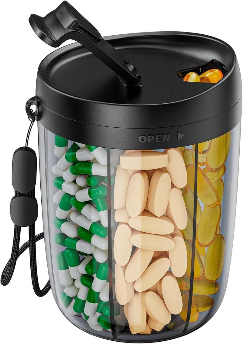 Large Pill Bottle Organizer for 6 Vitamins - Supplement Organizer with Anti-Mixing & Wide Opening Design (Black) - Image 1
