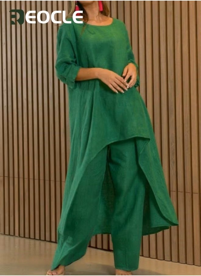 REOCLE Large Size Irregular Long-sleeved Suit Wide-leg Pants Two-piece Set New Women's Cotton and Linen Fashion Casual Loose Solid Color - Image 4