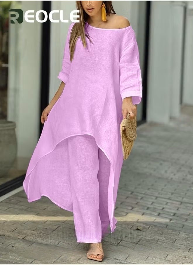 REOCLE Large Size Irregular Long-sleeved Suit Wide-leg Pants Two-piece Set New Women's Cotton and Linen Fashion Casual Loose Solid Color - Image 2