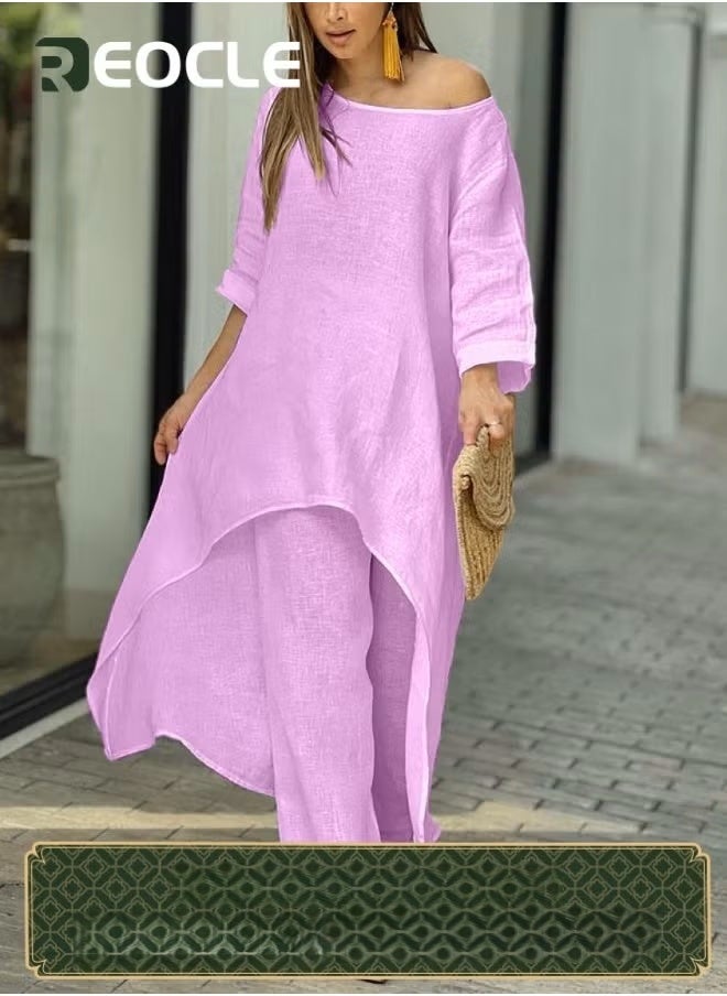 REOCLE Large Size Irregular Long-sleeved Suit Wide-leg Pants Two-piece Set New Women's Cotton and Linen Fashion Casual Loose Solid Color - Image 1