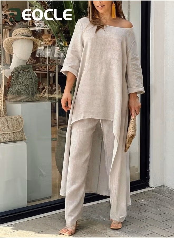 REOCLE Large Size Irregular Long-sleeved Suit Wide-leg Pants Two-piece Set New Women's Cotton and Linen Fashion Casual Loose Solid Color - Image 3