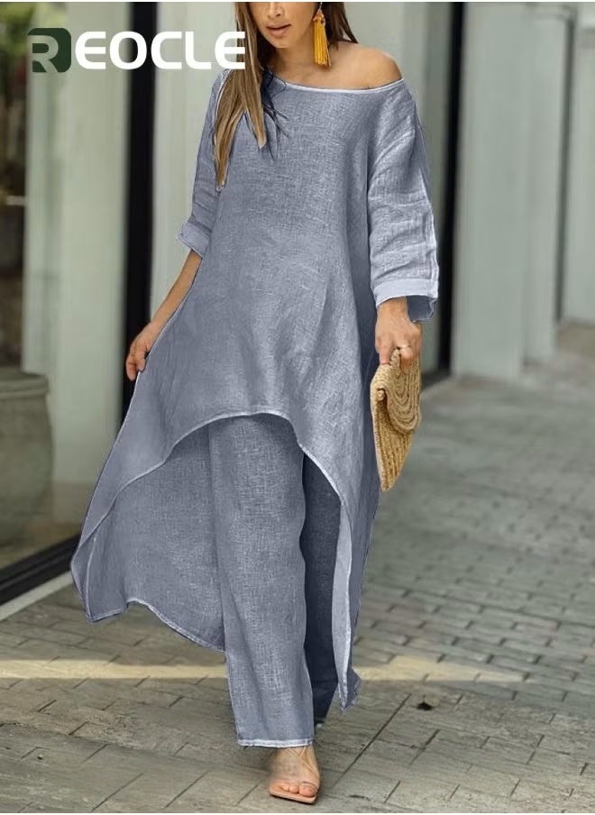 REOCLE Large Size Irregular Long-sleeved Suit Wide-leg Pants Two-piece Set New Women's Cotton and Linen Fashion Casual Loose Solid Color - Image 5