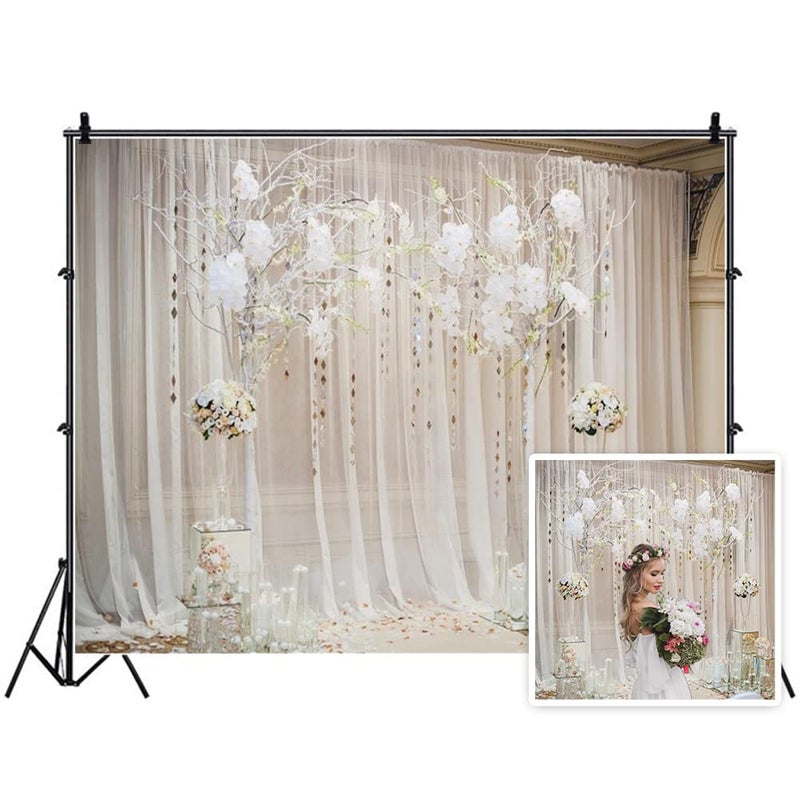 AOFOTO 10x8ft White Tulle Wedding Ceremony Backdrop Curtain with Flowers Engagement Bridal Shower Photography Backdrop Drapes for Wedding Decorations Fiancee Girls Birthday Party Photo Studio Props