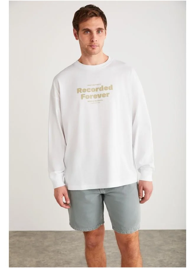 جريميلانج Martin Men's 100% Cotton Front Printed Long Sleeve White T-Shirt
