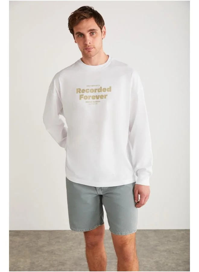 جريميلانج Martin Men's 100% Cotton Front Printed Long Sleeve White T-Shirt