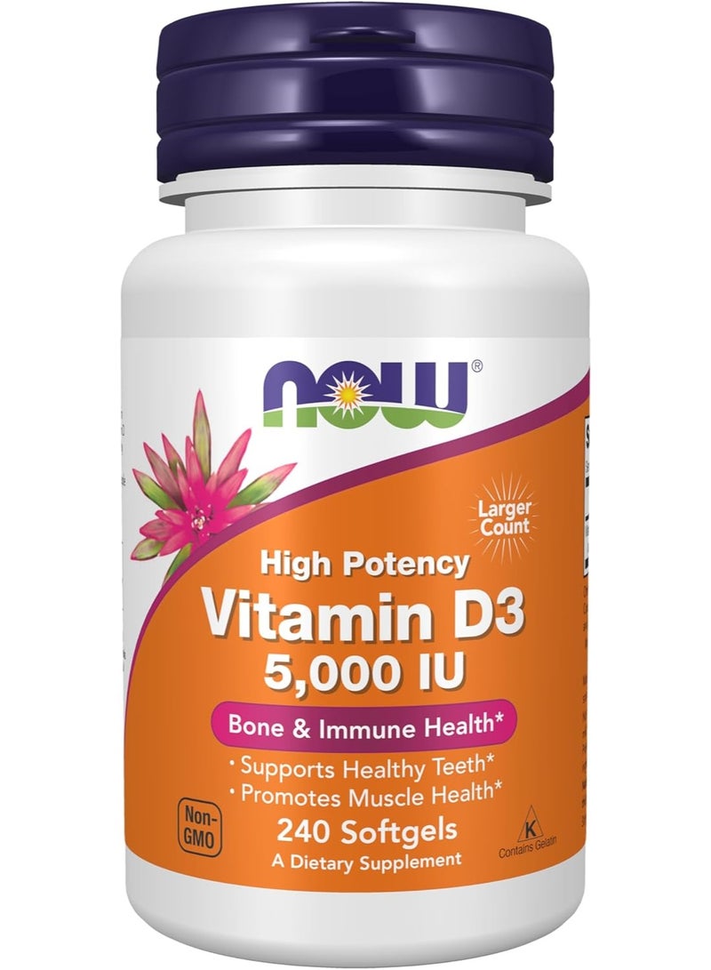 now Supplements, Vitamin D-3 5,000 IU, High Potency, Structural Support*, 240 Softgels - Image 1