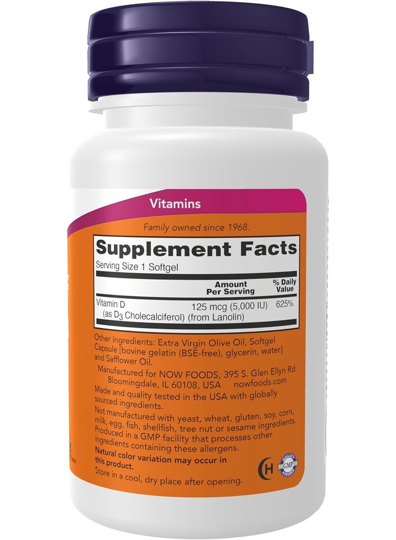 now Supplements, Vitamin D-3 5,000 IU, High Potency, Structural Support*, 240 Softgels - Image 2