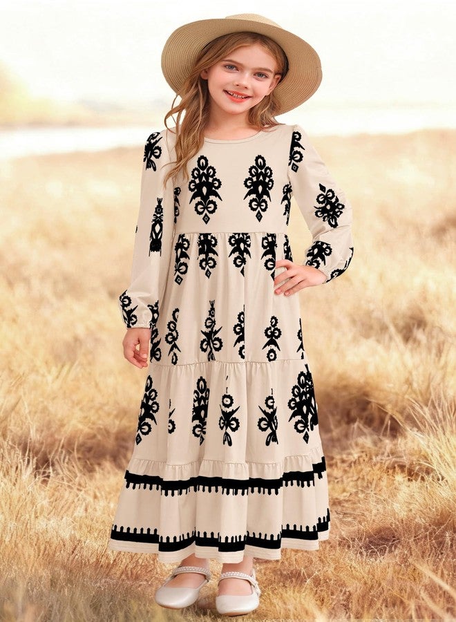 HOSIKA Girls Fall Maxi Dress Long Sleeve Boho Floral Tiered Ruffle A-Line Casual Holiday Dresses with Pockets for 6-12 Y, Apricot, 12 Years - Image 4