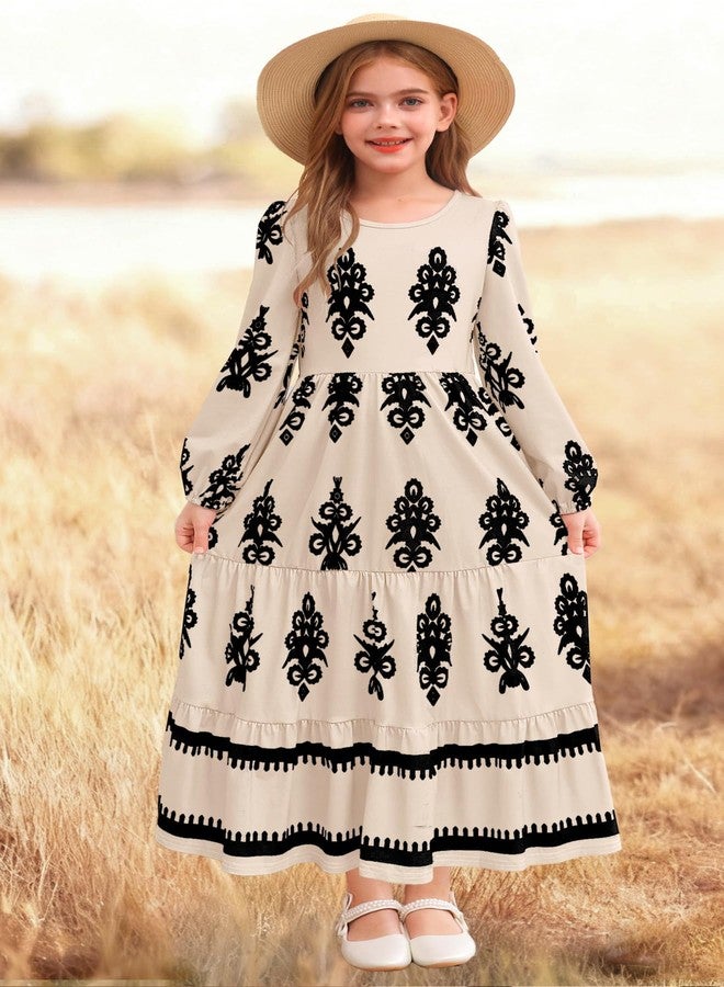 HOSIKA Girls Fall Maxi Dress Long Sleeve Boho Floral Tiered Ruffle A-Line Casual Holiday Dresses with Pockets for 6-12 Y, Apricot, 12 Years - Image 3