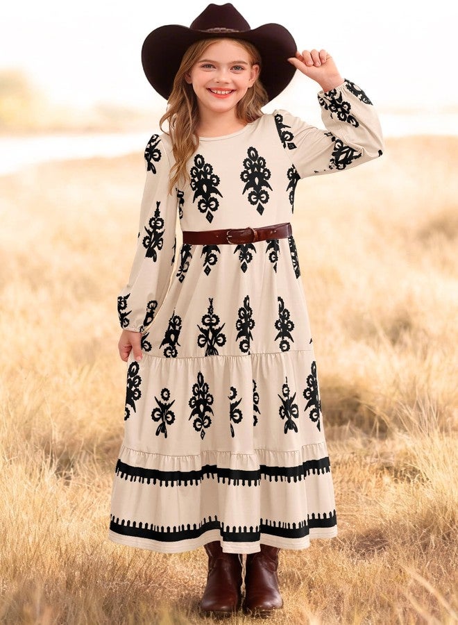 HOSIKA Girls Fall Maxi Dress Long Sleeve Boho Floral Tiered Ruffle A-Line Casual Holiday Dresses with Pockets for 6-12 Y, Apricot, 12 Years - Image 2