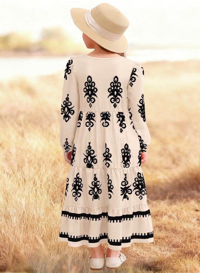 HOSIKA Girls Fall Maxi Dress Long Sleeve Boho Floral Tiered Ruffle A-Line Casual Holiday Dresses with Pockets for 6-12 Y, Apricot, 12 Years - Image 5
