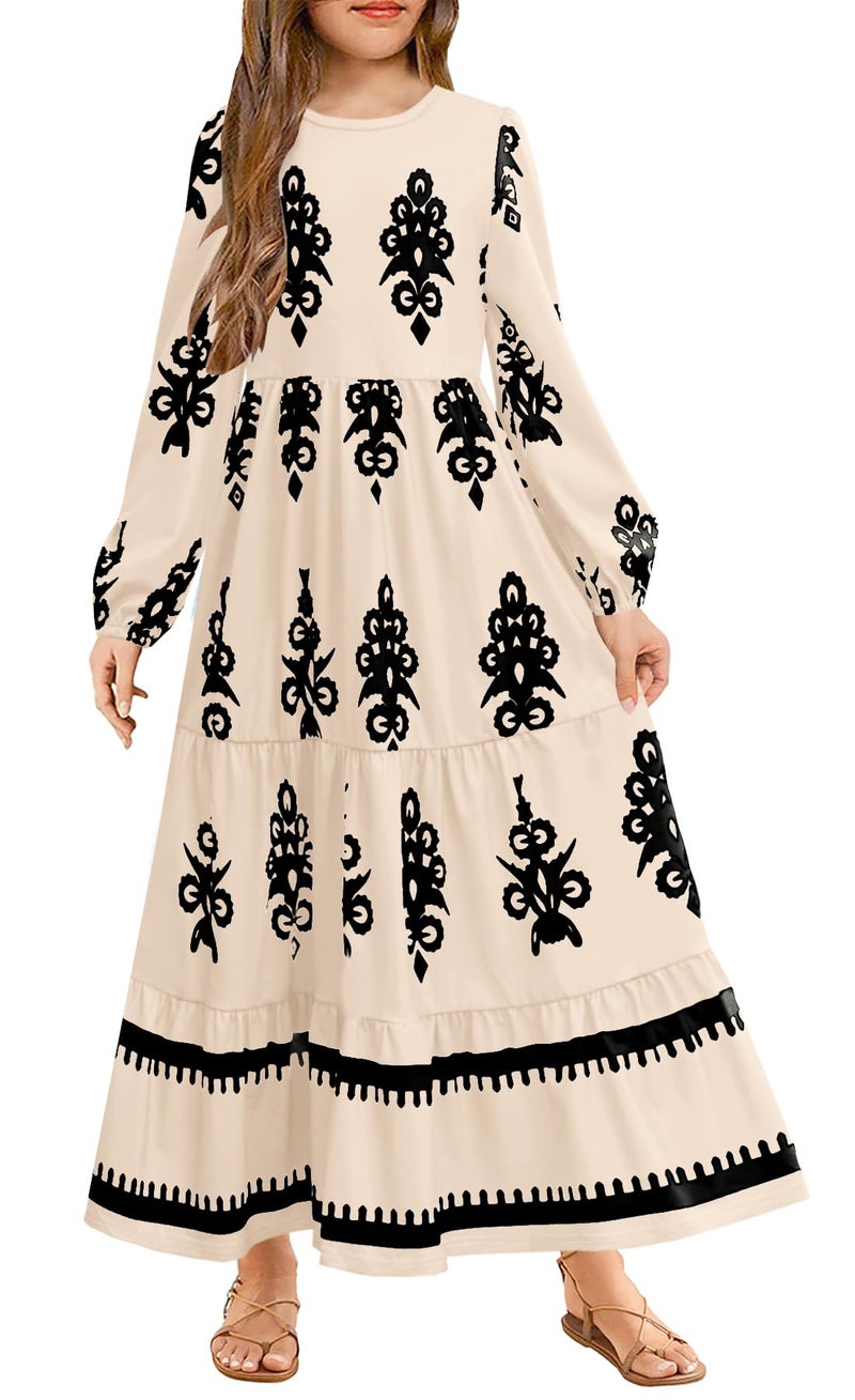 HOSIKA Girls Fall Maxi Dress Long Sleeve Boho Floral Tiered Ruffle A-Line Casual Holiday Dresses with Pockets for 6-12 Y, Apricot, 12 Years - Image 1