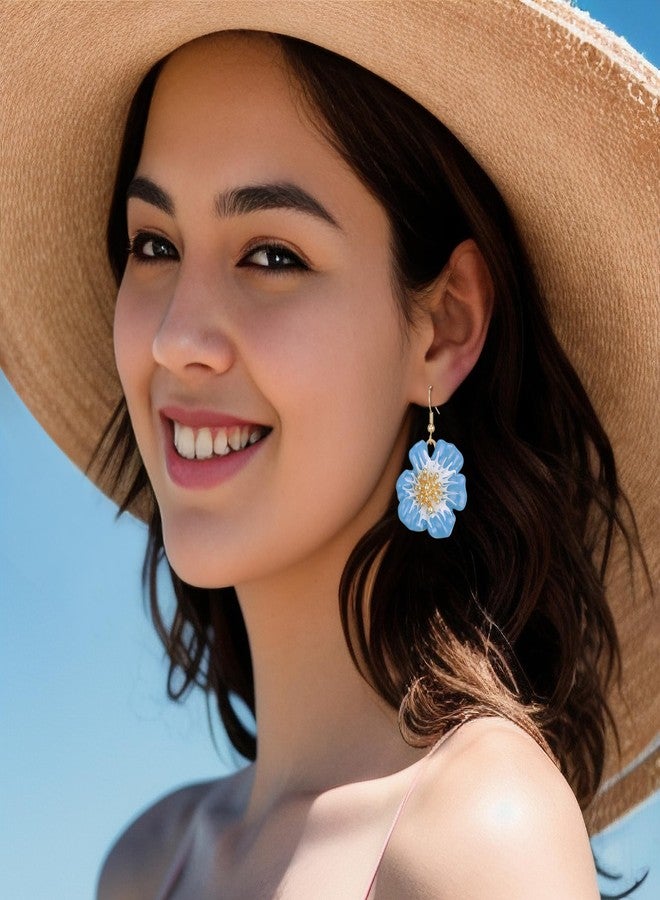 BriLove Shiny Bling Rhinestones Enamel Flower Statement Collar Necklace Hook Dangle Earrings Set for Women Summer Beach Holiday Costume Prom Jewelry Blue Gold-Tone - Image 4