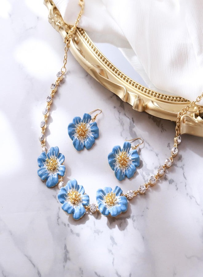 BriLove Shiny Bling Rhinestones Enamel Flower Statement Collar Necklace Hook Dangle Earrings Set for Women Summer Beach Holiday Costume Prom Jewelry Blue Gold-Tone - Image 5