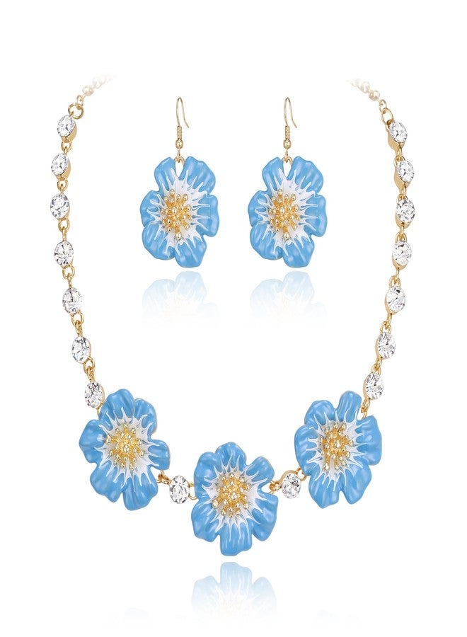 BriLove Shiny Bling Rhinestones Enamel Flower Statement Collar Necklace Hook Dangle Earrings Set for Women Summer Beach Holiday Costume Prom Jewelry Blue Gold-Tone - Image 1