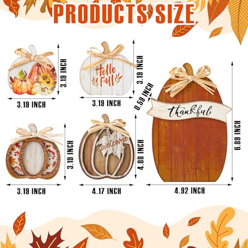 GlikCeil 5 Pcs Fall Brown Pumpkin Decor for Home Thanksgiving Wooden Table Centerpiece Decorations Fall Wooden Pumpkin Signs for Autumn Farmhouse Home Living Room Kitchen Mantle Tabletop Supplies - Image 3