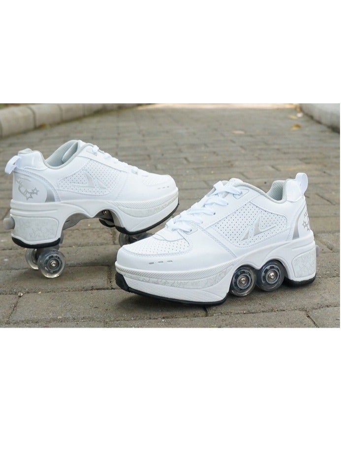 Loquat Four-Wheel Walking Shoes Can Be Retractable Deformation Shoes Rotary Buckle Roller Skates White 