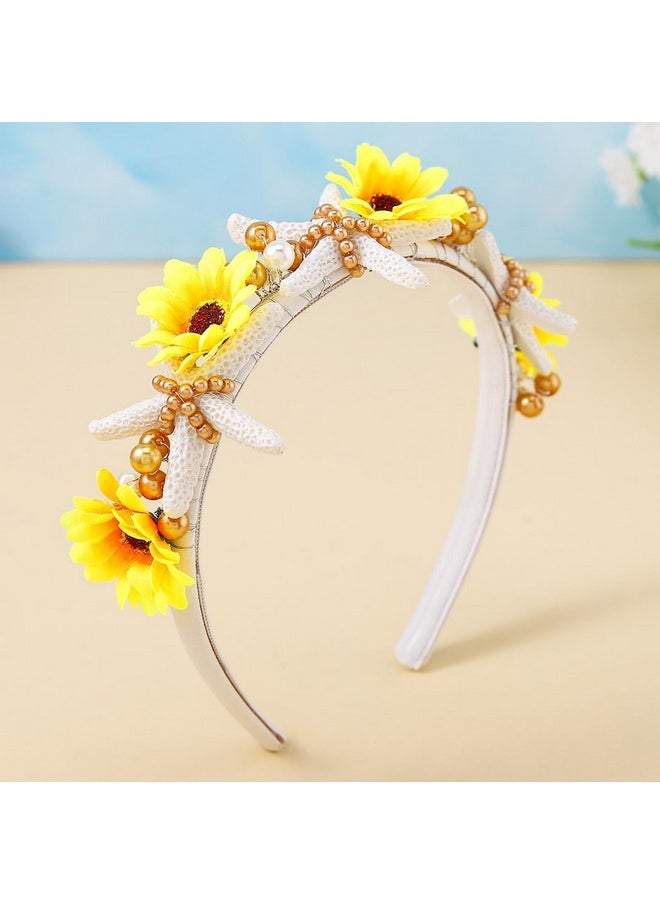 Unicra Sunflower Headband Starfish Bridal Hair Band Silver Pearl Headpiece Beach Wedding Hair Accessories For Women And Girls  - Image 2