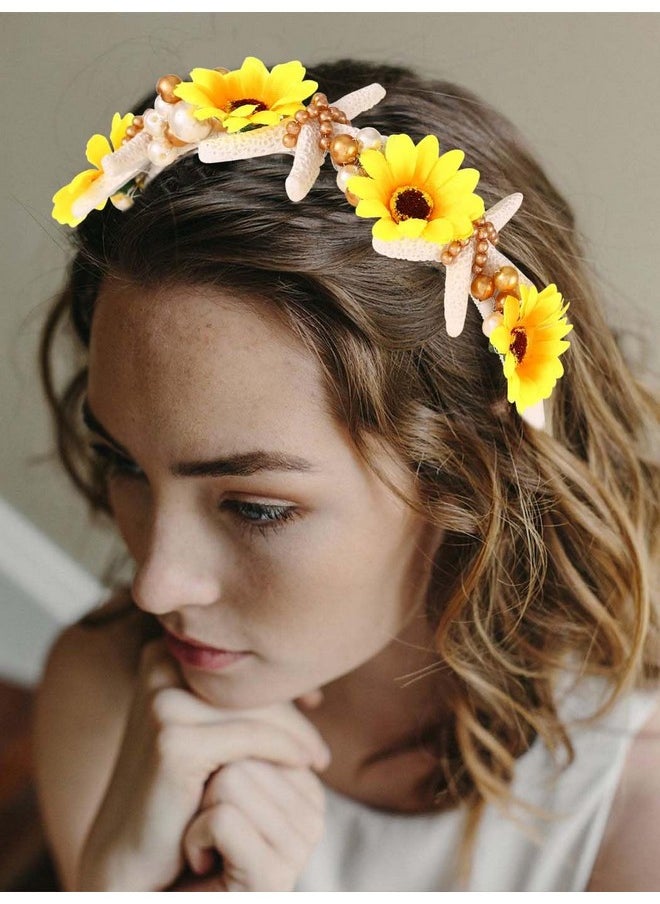 Unicra Sunflower Headband Starfish Bridal Hair Band Silver Pearl Headpiece Beach Wedding Hair Accessories For Women And Girls  - Image 1