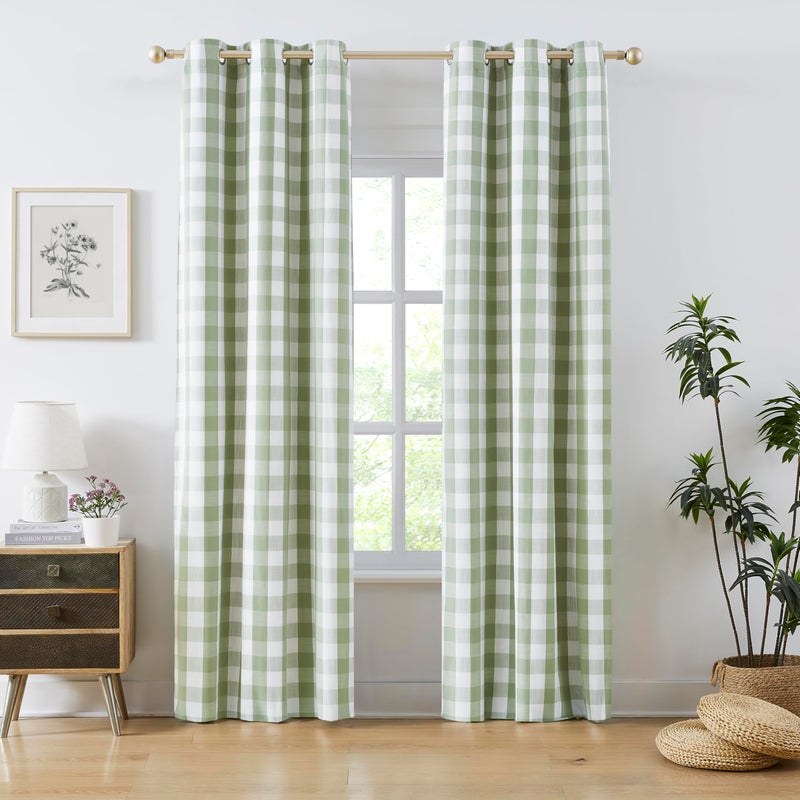 Amzdecor Sage Green White Buffalo Plaid Full Blackout Curtains 84 Inch for Bedroom Living Room Farmhouse Check Patterned Drapes Thermal Insulated Soundproof Grommet Window Treatment, 2 Panels, 40"x84" - Image 1