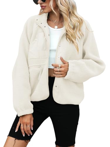 Yanekop Womens Fleece Jacket Fuzzy Long Sleeve Short Winter Coats Button Down Sherpa Jacket Outerwear with Pockets(A Ivory,L) - Image 2
