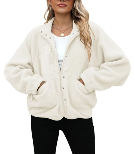 Yanekop Womens Fleece Jacket Fuzzy Long Sleeve Short Winter Coats Button Down Sherpa Jacket Outerwear with Pockets(A Ivory,L) - Image 3