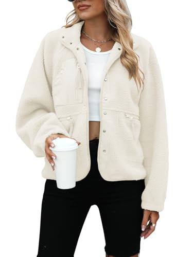 Yanekop Womens Fleece Jacket Fuzzy Long Sleeve Short Winter Coats Button Down Sherpa Jacket Outerwear with Pockets(A Ivory,L) - Image 1