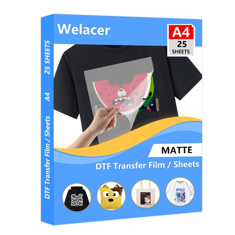 Welacer 25 Sheets DTF Transfer Film Paper A4 Double Sided Thick Clear Pretreat Sheets, PET Heat Transfer Paper for Inkjet Printer DTG Printer Direct Print On T Shirts Textile - Image 1