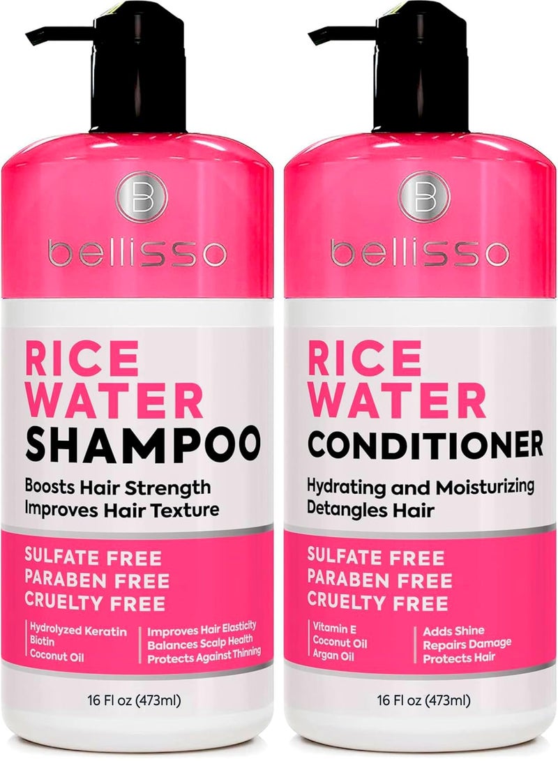 BELLISSO Rice Water Shampoo and Conditioner Set - Sulfate Free for Thin and Fine Hair - Fuller, Thickening Formula for Women and Men - With Strengthening Saw Palmetto - Anti Thinning, Volumizing for Thick Hair - Image 1