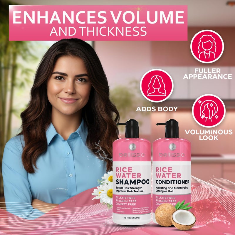 BELLISSO Rice Water Shampoo and Conditioner Set - Sulfate Free for Thin and Fine Hair - Fuller, Thickening Formula for Women and Men - With Strengthening Saw Palmetto - Anti Thinning, Volumizing for Thick Hair - Image 5