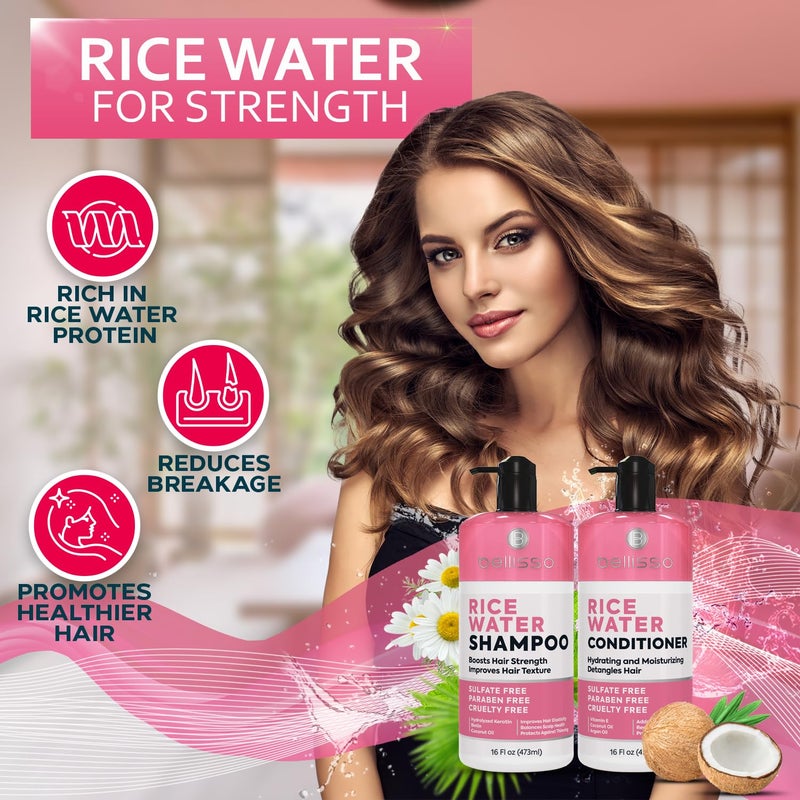 BELLISSO Rice Water Shampoo and Conditioner Set - Sulfate Free for Thin and Fine Hair - Fuller, Thickening Formula for Women and Men - With Strengthening Saw Palmetto - Anti Thinning, Volumizing for Thick Hair - Image 2
