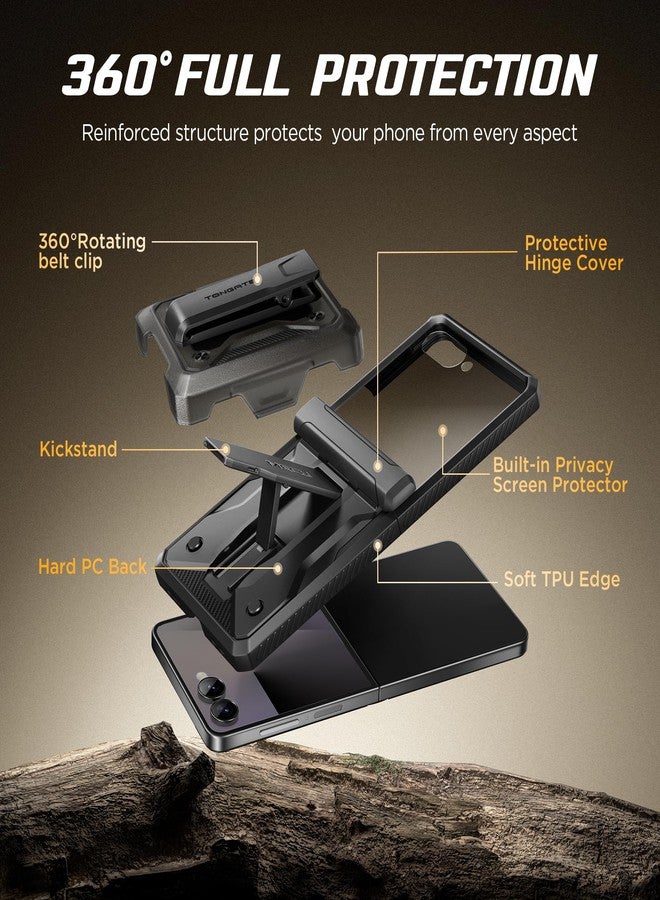 تونجيت جراب TONGATE لهاتف Z Flip 7 مع واقي شاشة للخصوصية، [حامل ومشبك حزام] [حماية للمفصلات] [مضاد للانزلاق]، جراب حماية كامل للجسم بمواصفات عسكرية لهاتف Samsung Galaxy Z Flip 7 5G 2025، أسود - Image 4