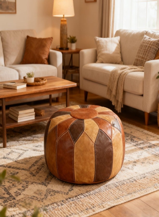 Thgonwid Unstuffed Moroccan Faux Leather Pouf Ottoman with Storage - Handmade Boho Chic Multi-Use Footrest for Living Room, Bedroom, Patio - Round Ethnic Floor Cushion & Decorative Accent, Tricolor - Image 5