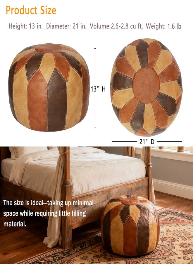 Thgonwid Unstuffed Moroccan Faux Leather Pouf Ottoman with Storage - Handmade Boho Chic Multi-Use Footrest for Living Room, Bedroom, Patio - Round Ethnic Floor Cushion & Decorative Accent, Tricolor - Image 2