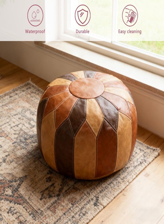Thgonwid Unstuffed Moroccan Faux Leather Pouf Ottoman with Storage - Handmade Boho Chic Multi-Use Footrest for Living Room, Bedroom, Patio - Round Ethnic Floor Cushion & Decorative Accent, Tricolor - Image 3