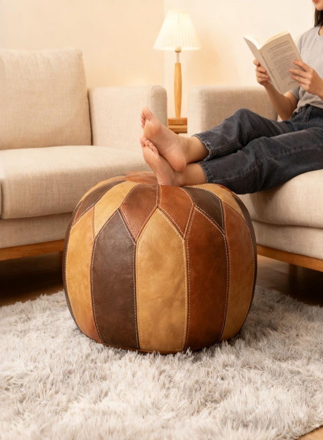 Thgonwid Unstuffed Moroccan Faux Leather Pouf Ottoman with Storage - Handmade Boho Chic Multi-Use Footrest for Living Room, Bedroom, Patio - Round Ethnic Floor Cushion & Decorative Accent, Tricolor - Image 4