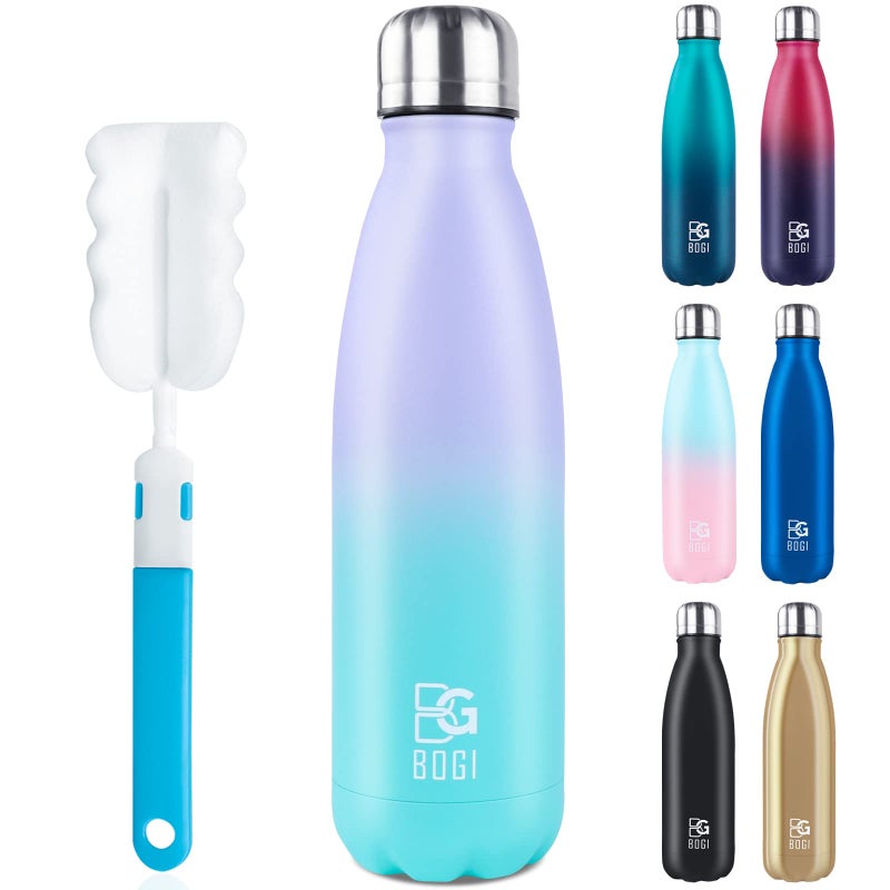 BOGI Insulated Water Bottle 17oz Stainless Steel Water Bottles Leak Proof Sports Metal Water Bottles Keep Cold for 24 Hours and Hot for 12 Hours BPA Free kids water bottle for School Purple Mint